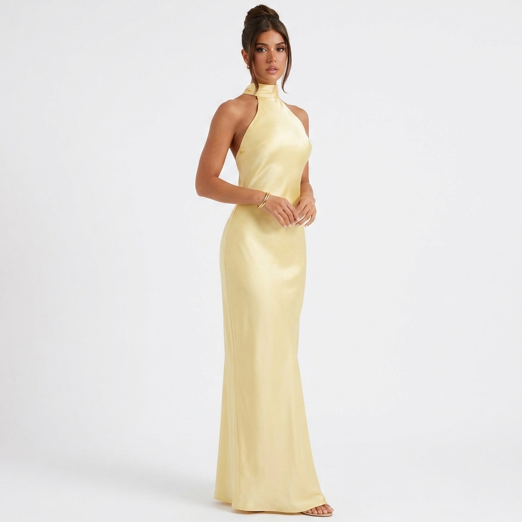 Light yellow satin halter neck maxi dress with sleeveless fitted bodice and ankle hem