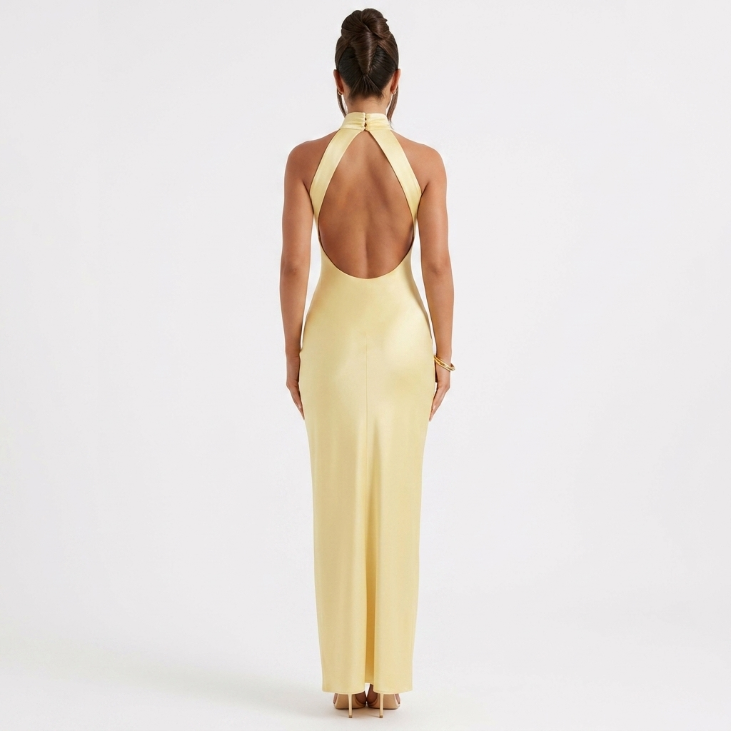 Yellow satin halter neck maxi dress with open back, sleeveless design