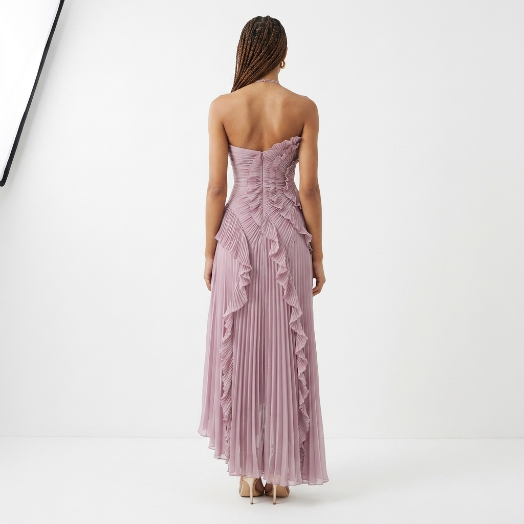 Women's spiral ruffle halter dress back view in lilac, halter back and layered skirt
