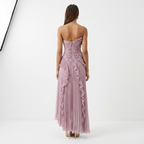 Women's spiral ruffle halter dress back view in lilac, halter back and layered skirt