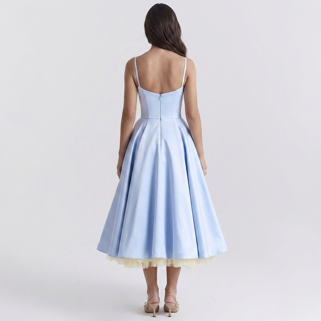 Women's blue bustier midi dress, back view, layered tulle high-low skirt
