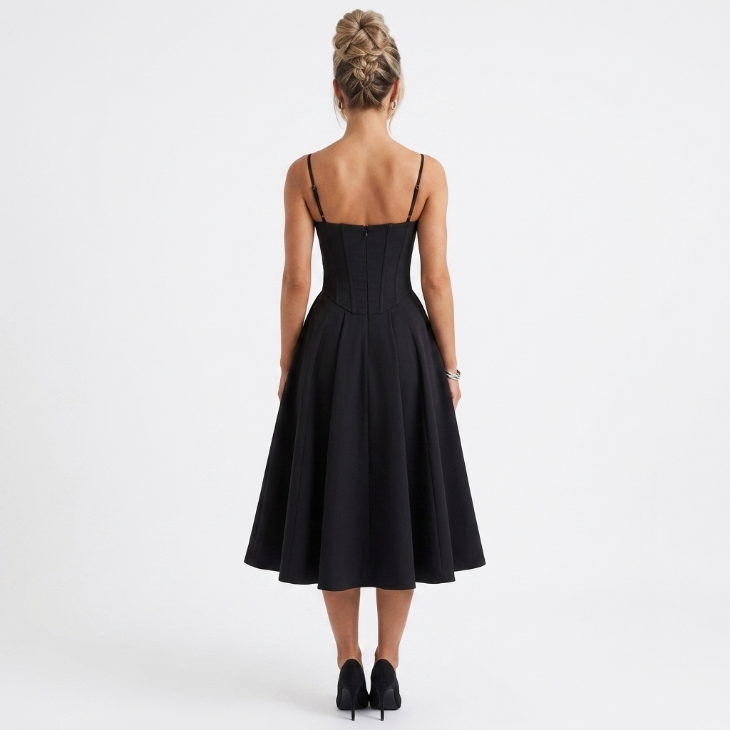 Black corset midi dress back view with spaghetti straps and flared skirt