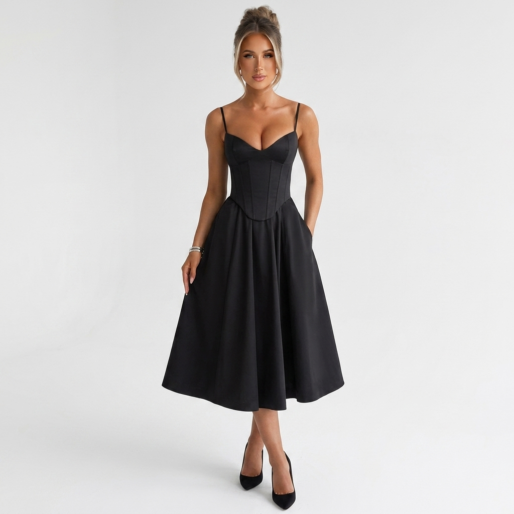 Black corset midi dress with spaghetti straps and sweetheart neckline, flared midi skirt