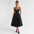 Black corset midi dress with spaghetti straps and sweetheart neckline, flared midi skirt