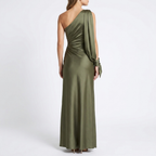 Olive one-shoulder maxi dress back view with draped gathers and neck tie