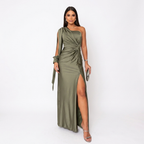 Olive green one-shoulder draped maxi dress with side slit and long sleeve tie