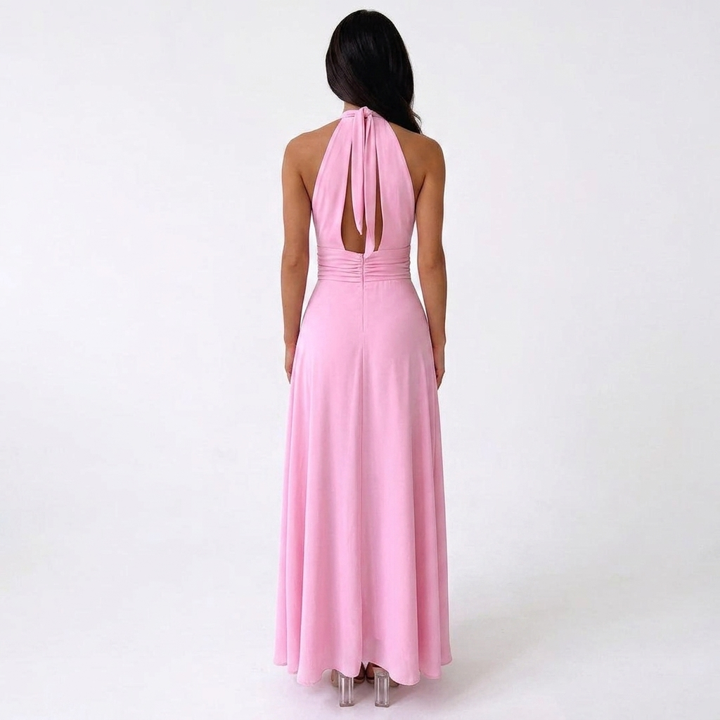 Pink open-back halter maxi dress with draped tie and high slit