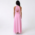 Pink open-back halter maxi dress with draped tie and high slit