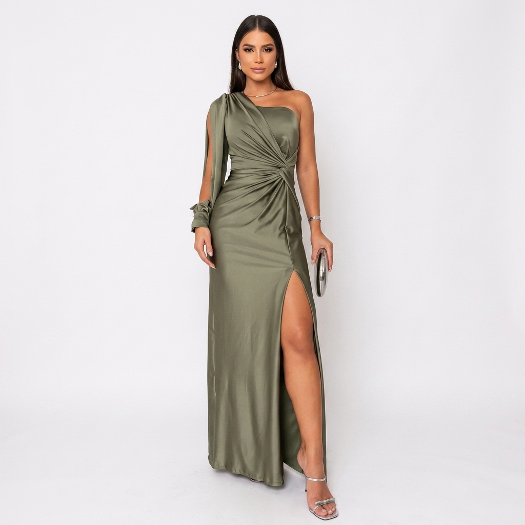 Olive green one-shoulder draped maxi dress with ruched knot and side slit