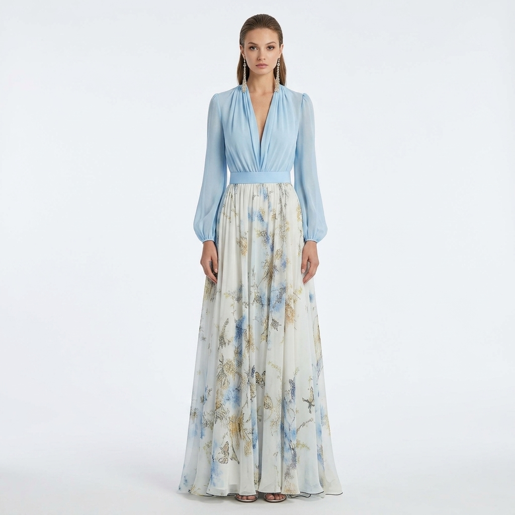Light blue V-neck maxi dress with long balloon sleeves, smocked waist, blue floral skirt.
