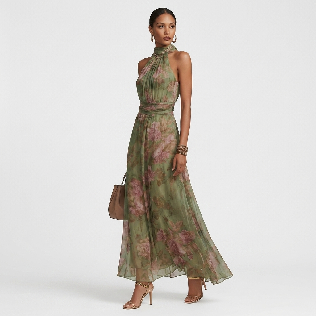 Women’s halter maxi dress, side view, green floral print with gathered waist and hem.