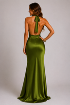 Sage green satin halter-neck mermaid maxi dress, open back with tie