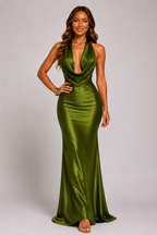 Sage green satin halter-neck mermaid maxi dress with draped cowl neckline