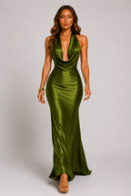 Sage green satin halter-neck mermaid maxi dress with fitted long skirt