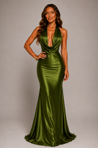 Sage green satin halter-neck mermaid maxi dress with deep V front neckline