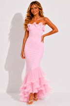 Pink ruffled maxi dress with thin straps and layered ruffle skirt, front view