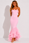 Pink fitted maxi dress with thin straps, ruffled bodice and layered ruffle skirt