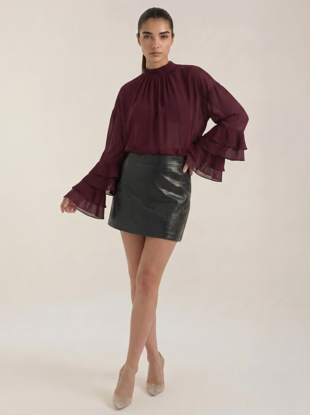 Burgundy sheer high mock neck top with tiered ruffle sleeves