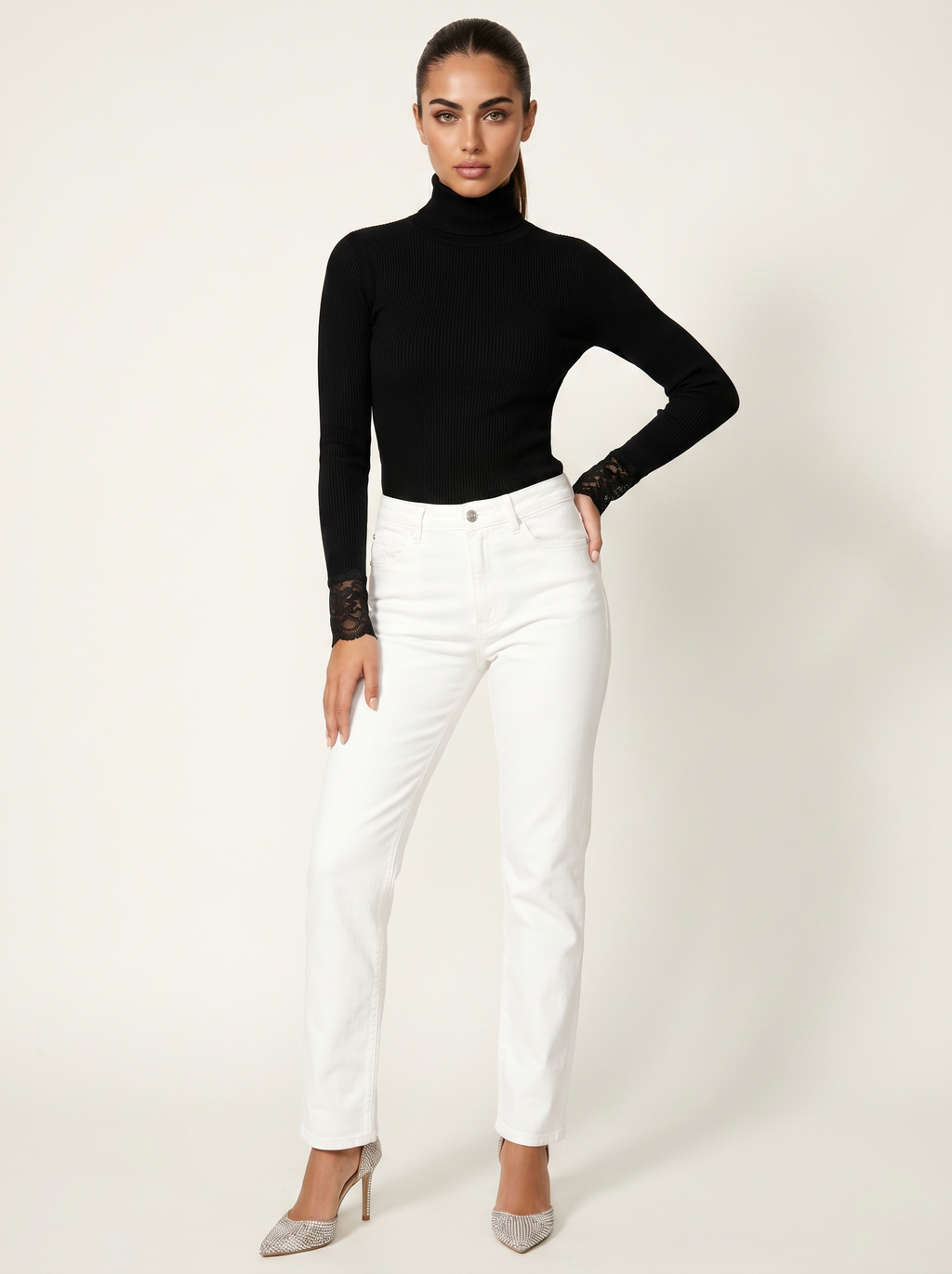 Black ribbed turtleneck top with lace cuffs, long sleeves