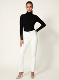 Black ribbed turtleneck top with lace cuffs, long sleeves
