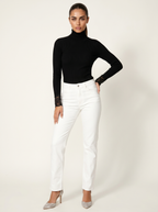 Black ribbed turtleneck top with lace cuffs, long sleeves