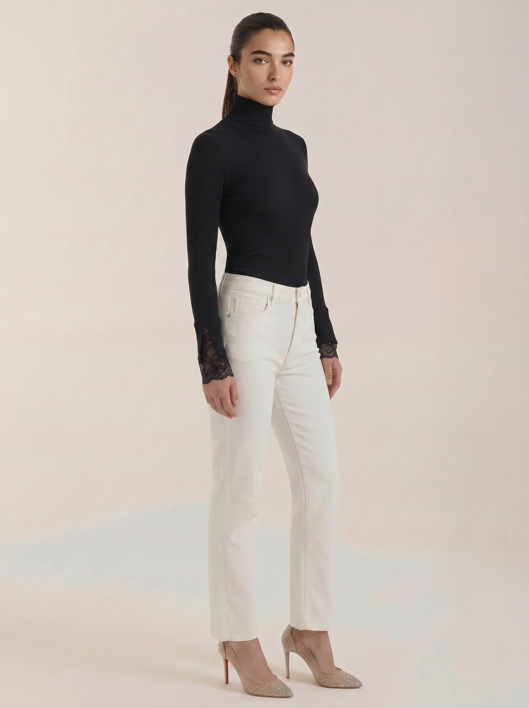 Black ribbed turtleneck top with lace-trim cuffs on long sleeves