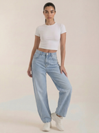 Light blue wide-leg jeans with button fly and five-pocket design