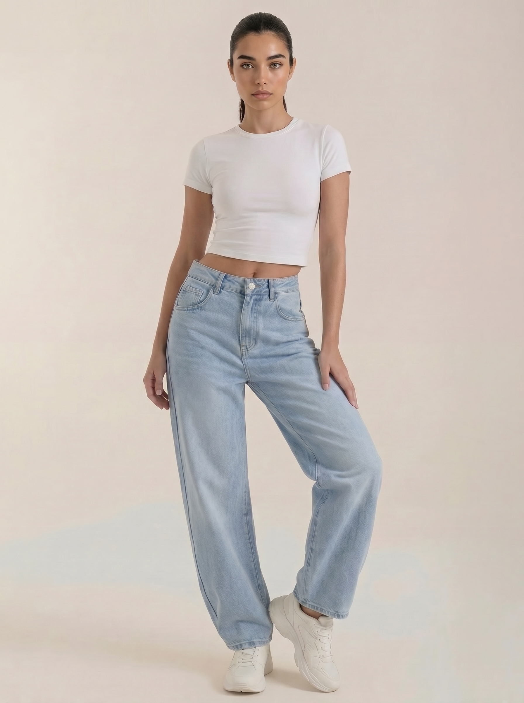 Light blue wide-leg jeans with button fly and five-pocket design