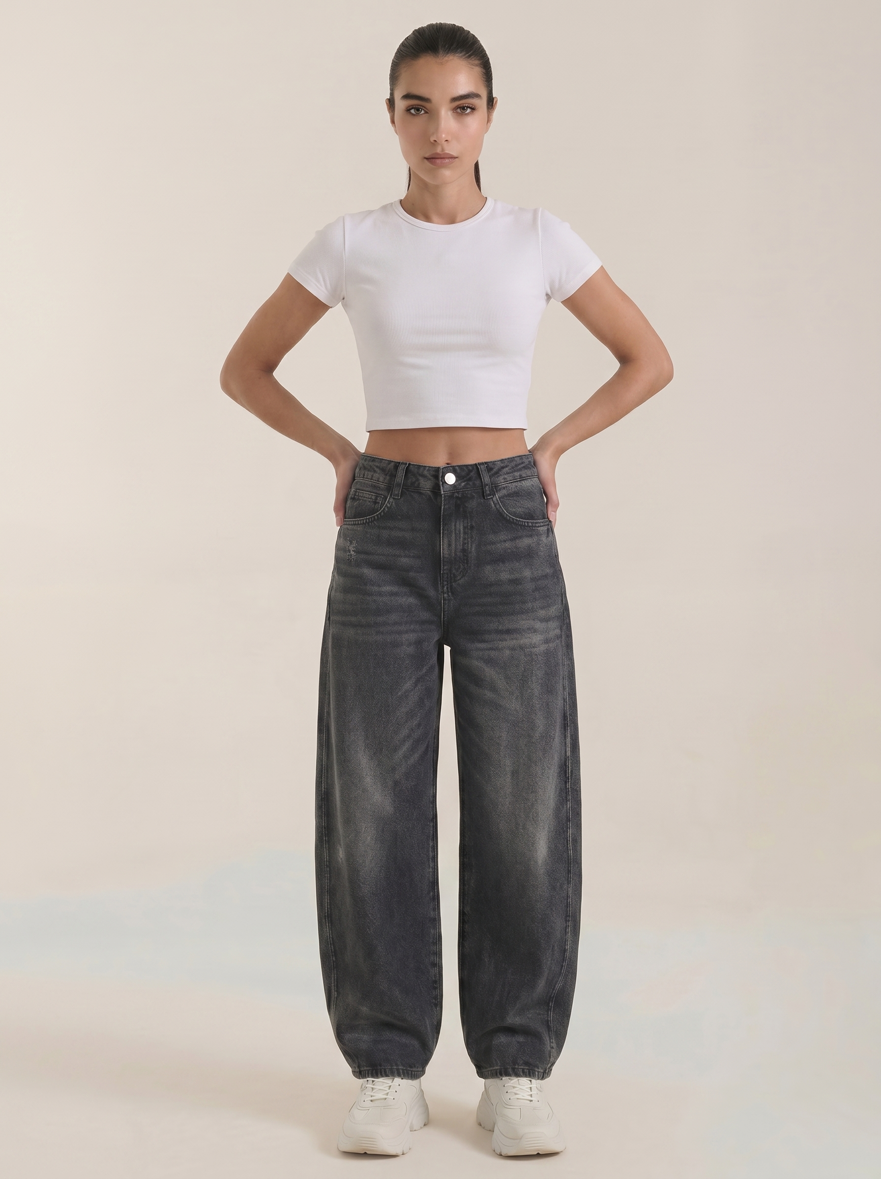 Dark gray/black wide-leg jeans with button fly and five-pocket design