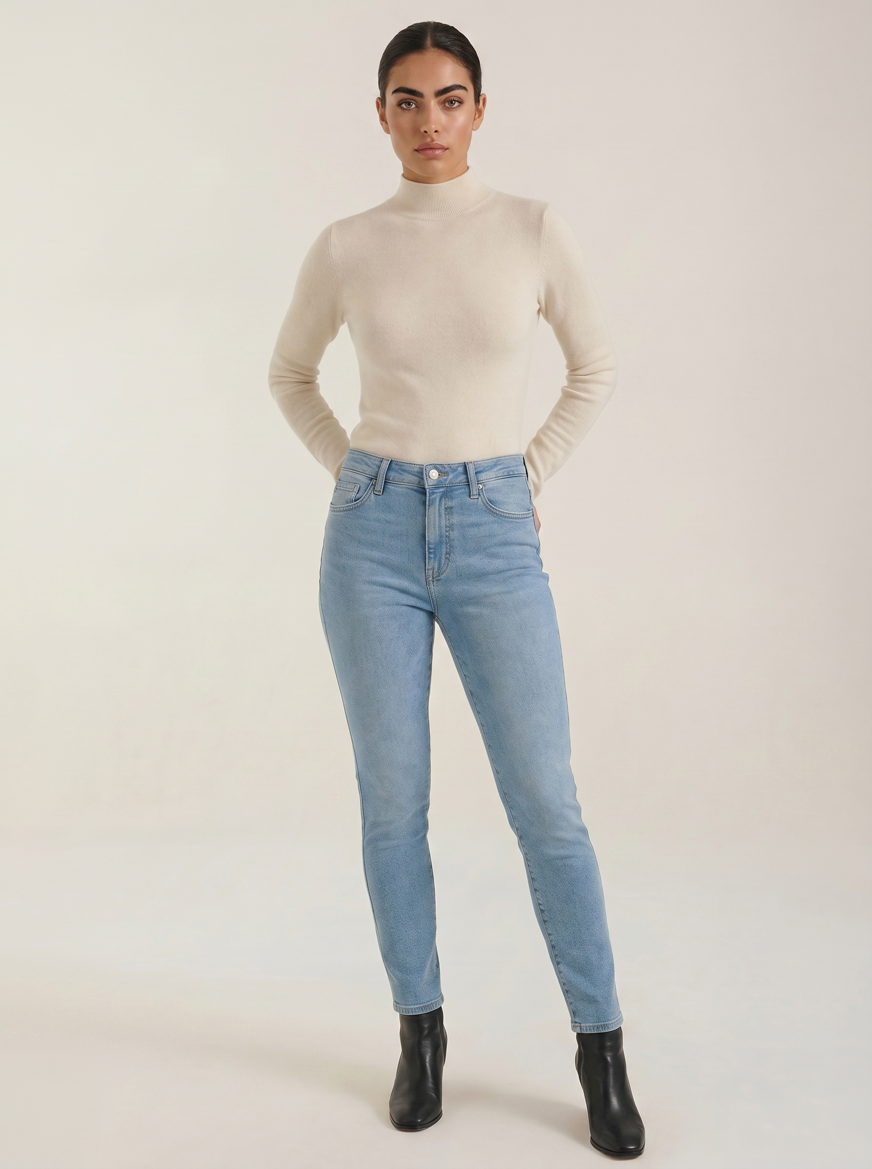 Women's cotton mock neck top, beige long-sleeve knit with fitted silhouette