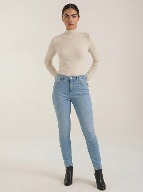 Women's cotton mock neck top, beige long-sleeve knit with fitted silhouette
