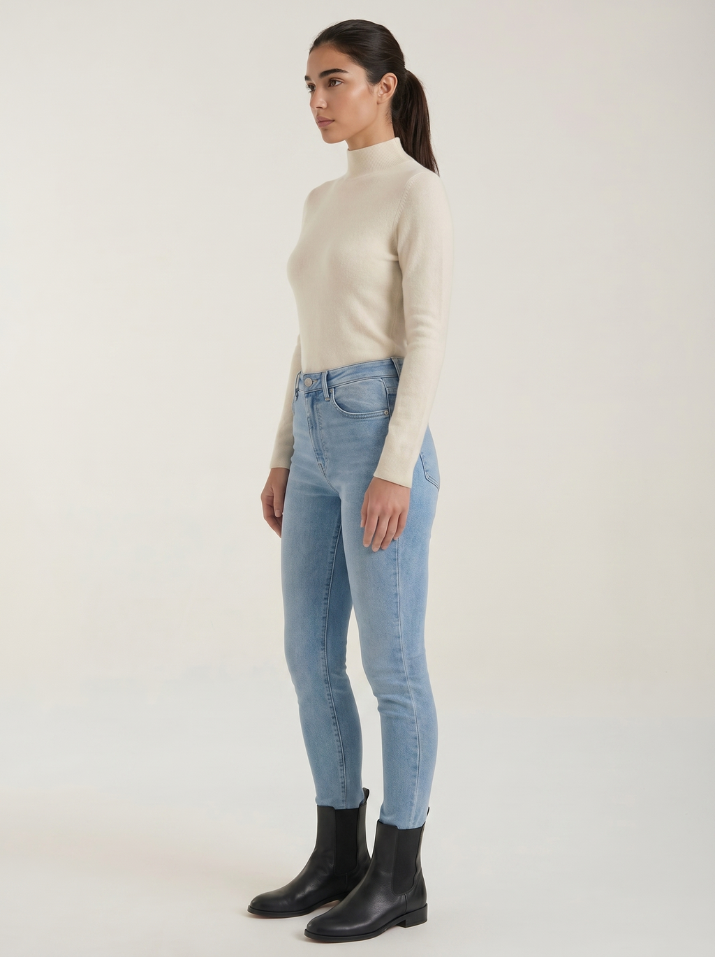 Women's cotton mock neck top, beige long-sleeve knit with side view