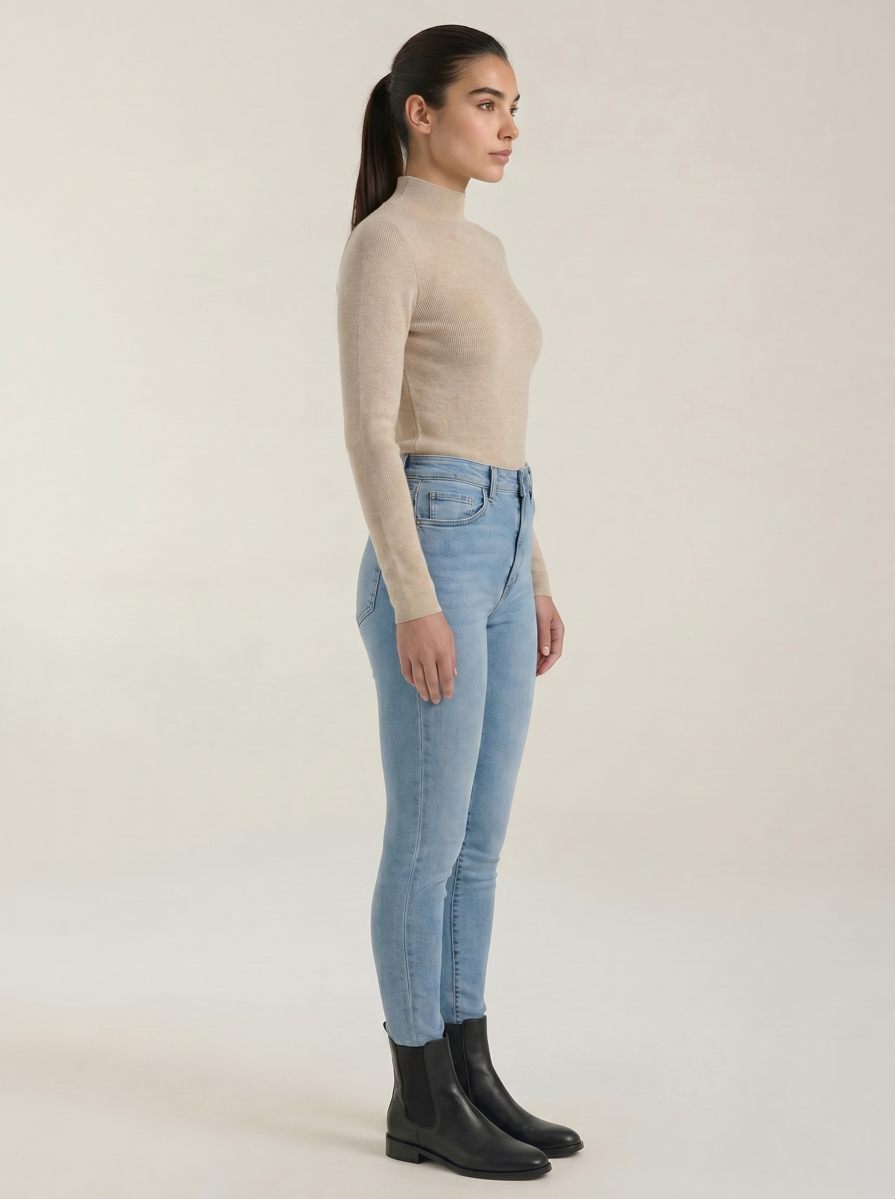 Women's cotton mock neck top, beige long-sleeve knit with full side profile