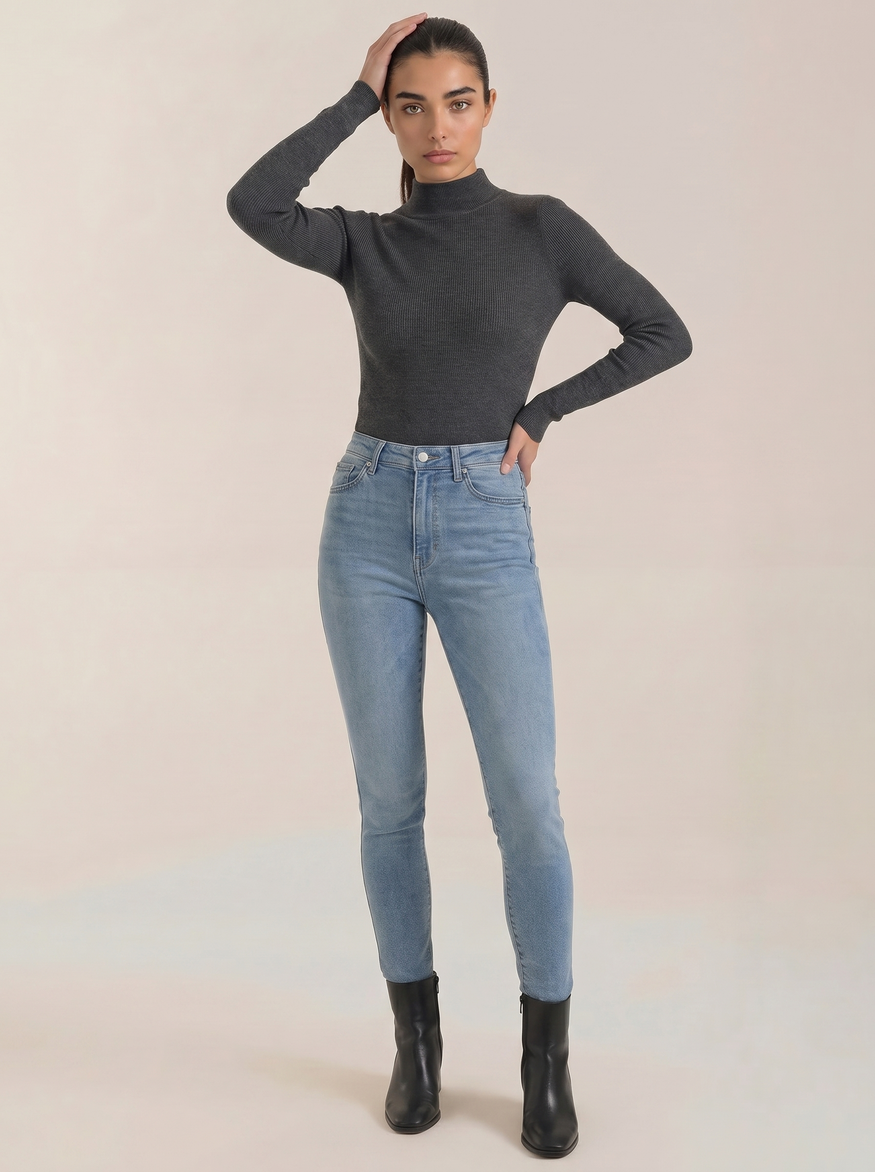 Women's cotton mock neck top, dark charcoal long-sleeve knit with mock neck