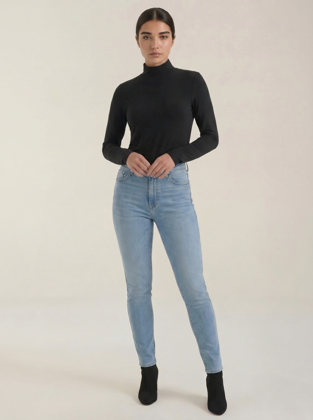 Women's cotton mock neck top, black long-sleeve knit with mock neck and front view
