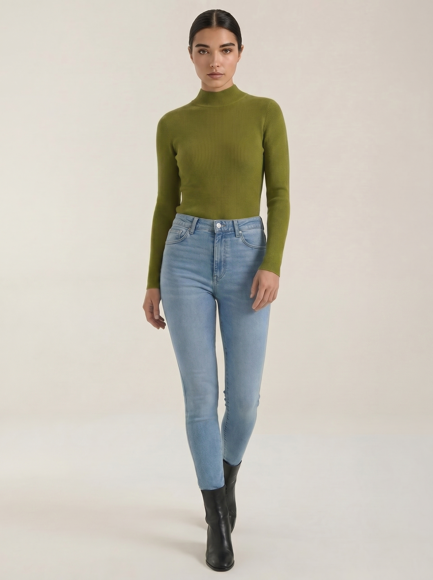 Women's cotton mock neck top, olive green long-sleeve knit with mock neck