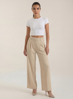 Pleated high-rise wide-leg pants in beige, with front pleats and straight wide legs