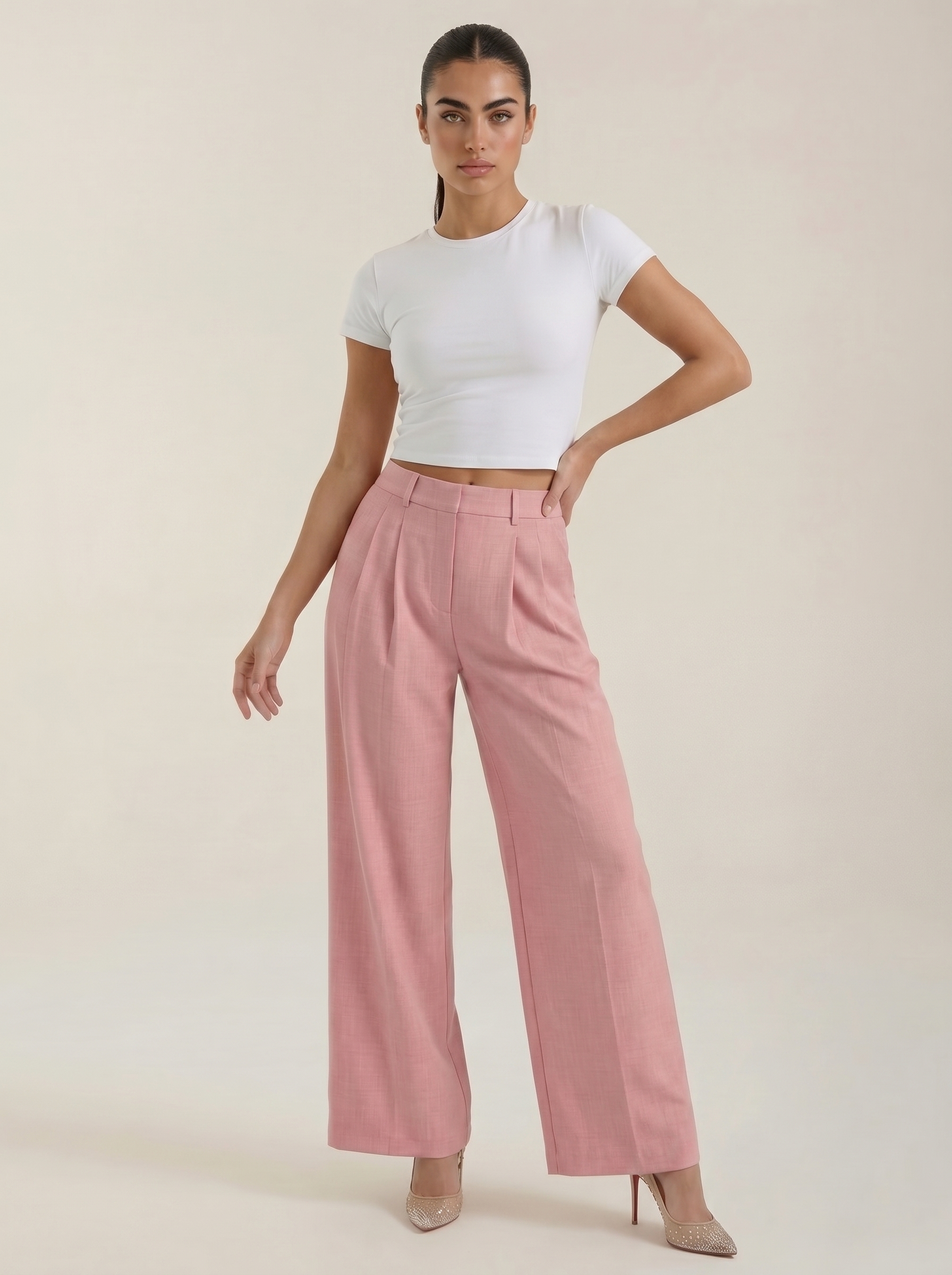 Pleated high-rise wide-leg pants in pink, with front pleats and wide straight legs