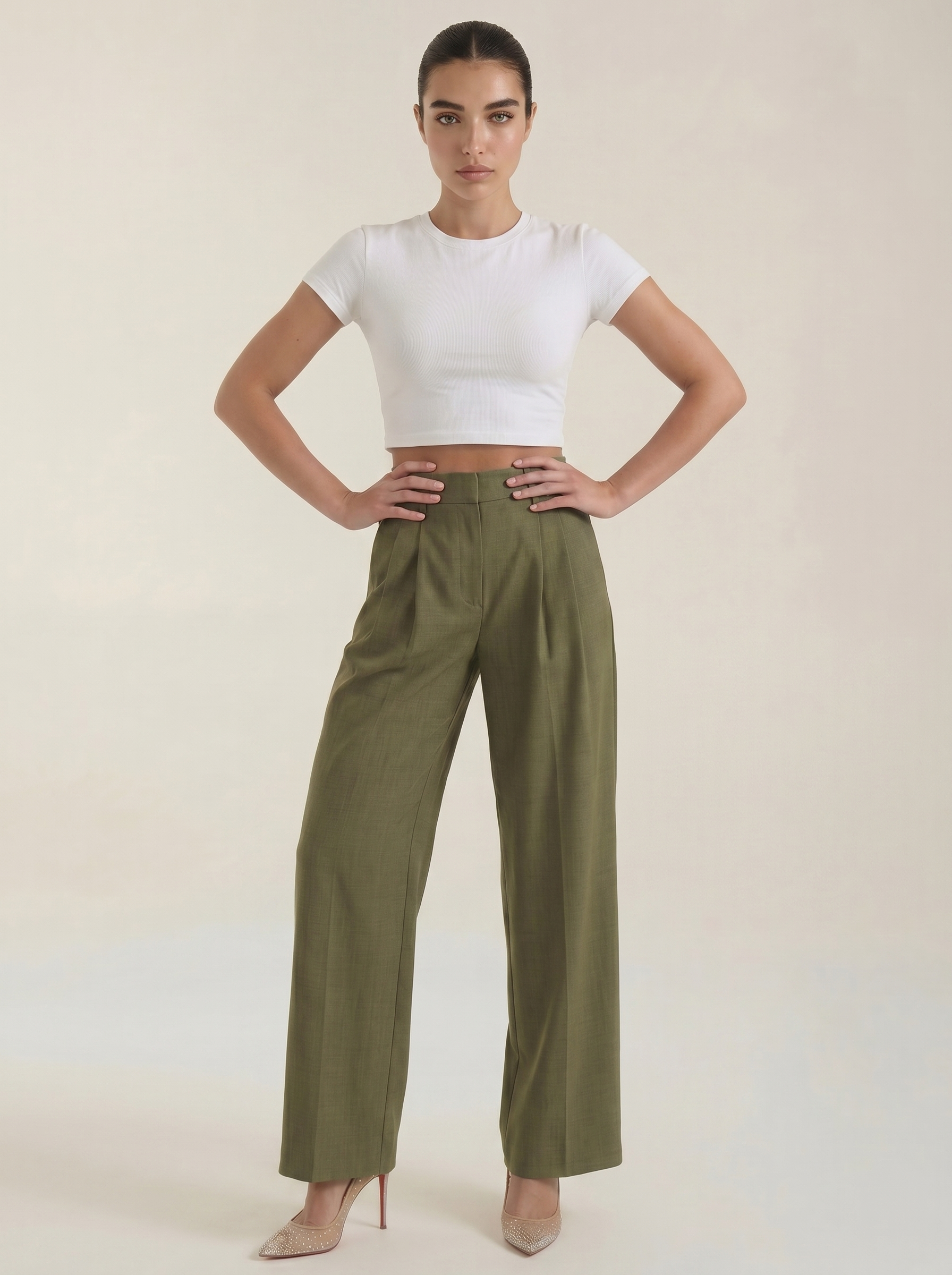 Pleated high-rise wide-leg pants in dark green, high waist with pleated front
