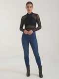 Women's sheer wrap mesh top, dark black, long sleeves with cross wrap neckline