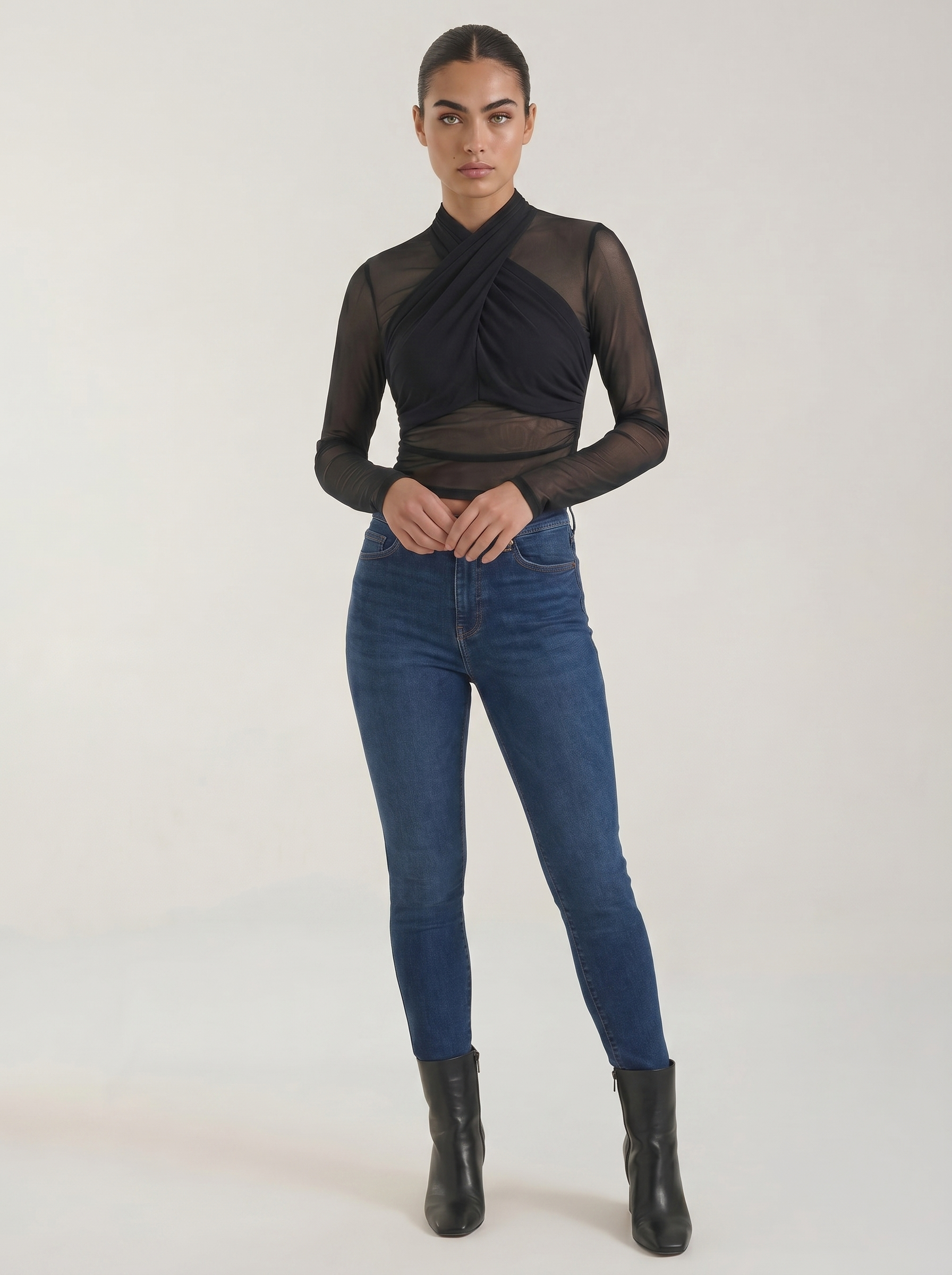 Women's sheer wrap mesh top, dark black, long sleeves with cross wrap neckline