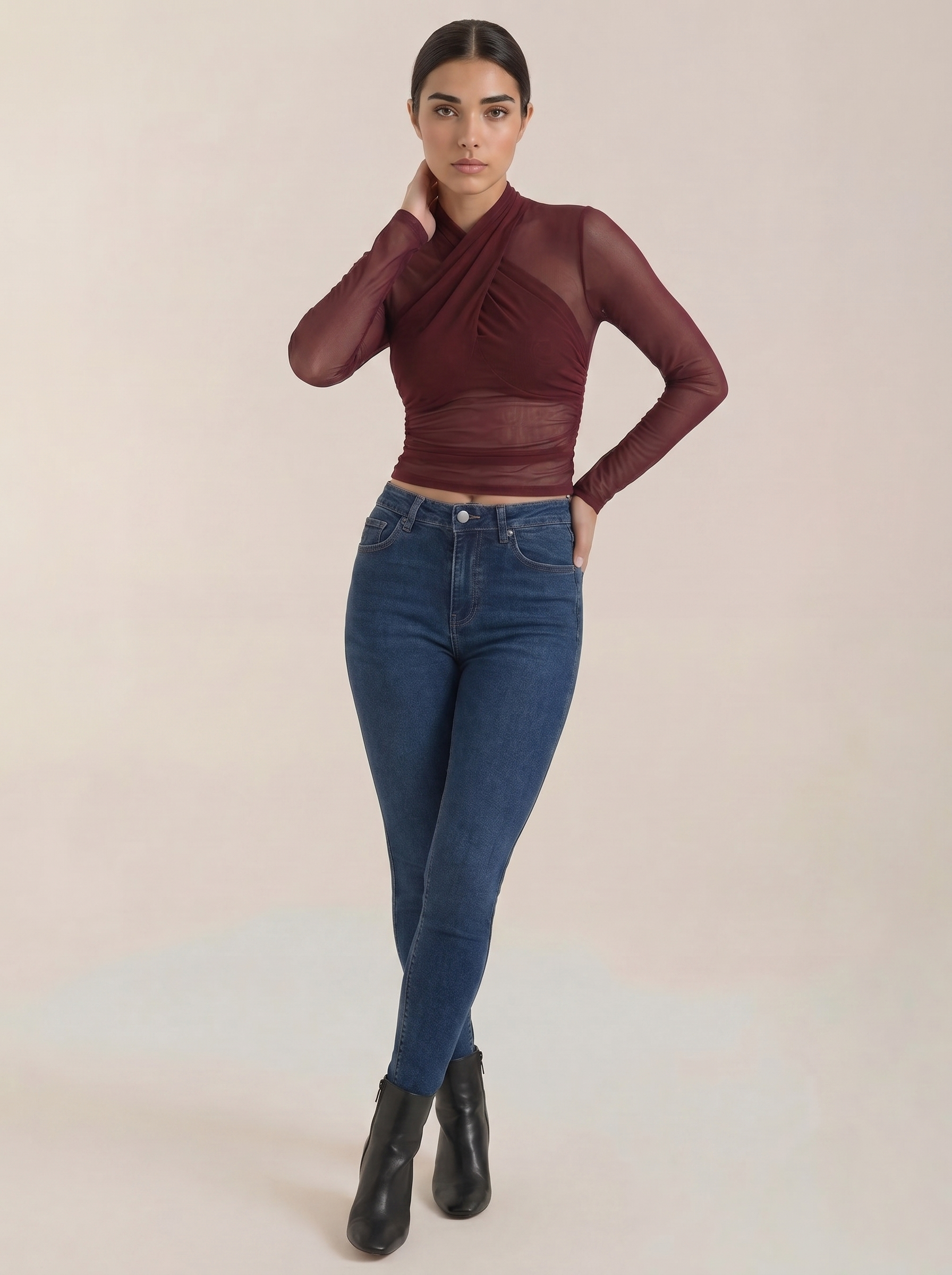 Women's sheer wrap mesh top in burgundy, long sleeves and cross wrap front
