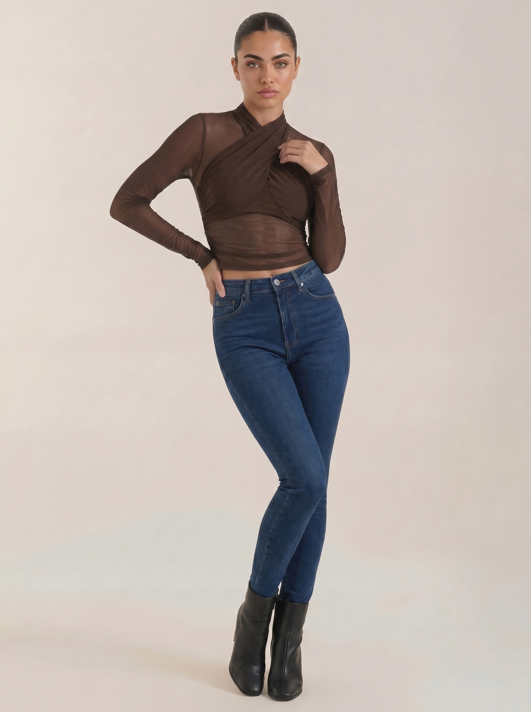Sheer wrap mesh top in burgundy with cross front wrap and sheer long sleeves