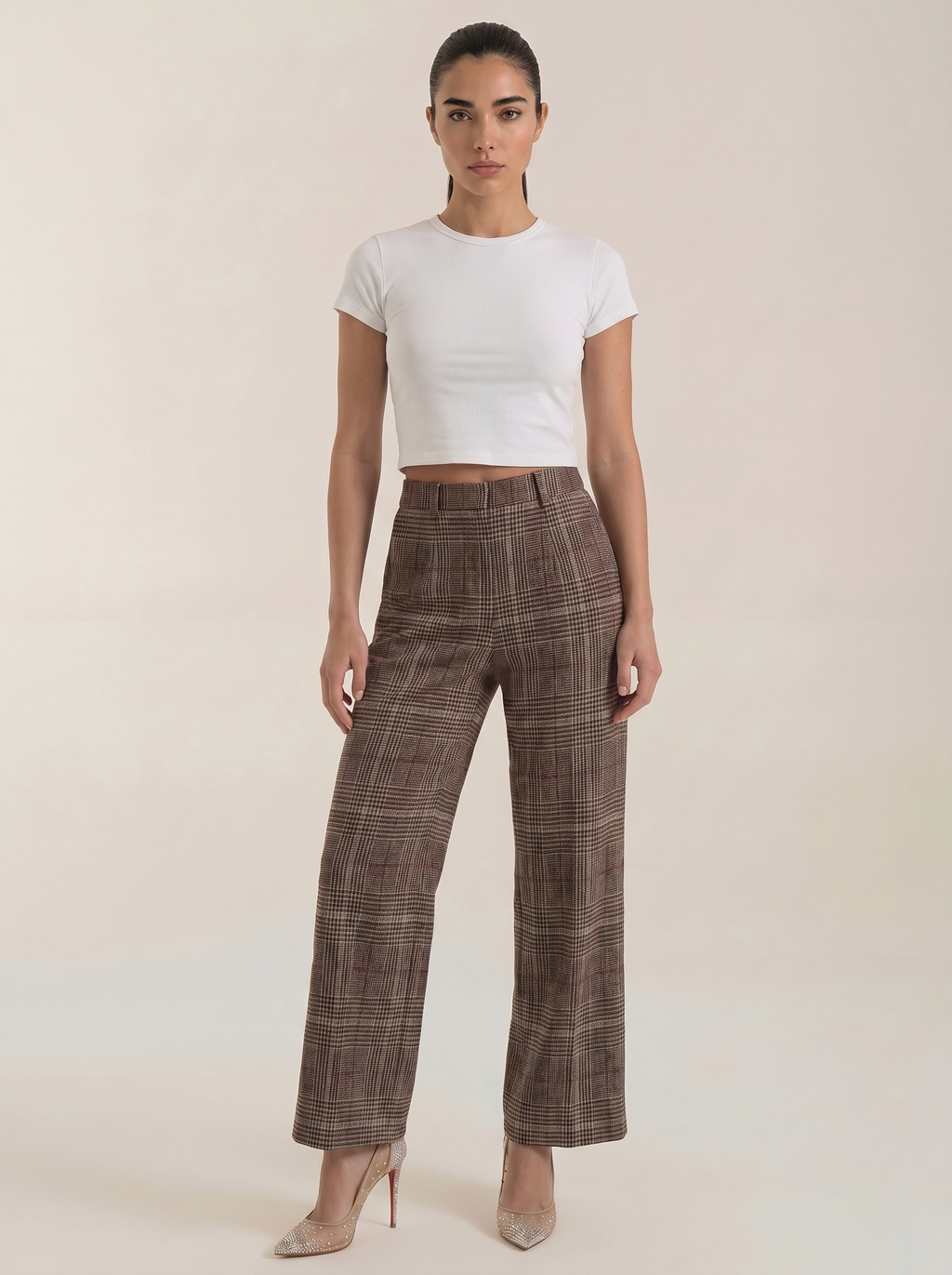 Brown plaid high-waisted trousers, wide-leg with belt loops and front creases