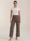 Brown plaid high-waisted trousers, wide-leg with belt loops and front creases