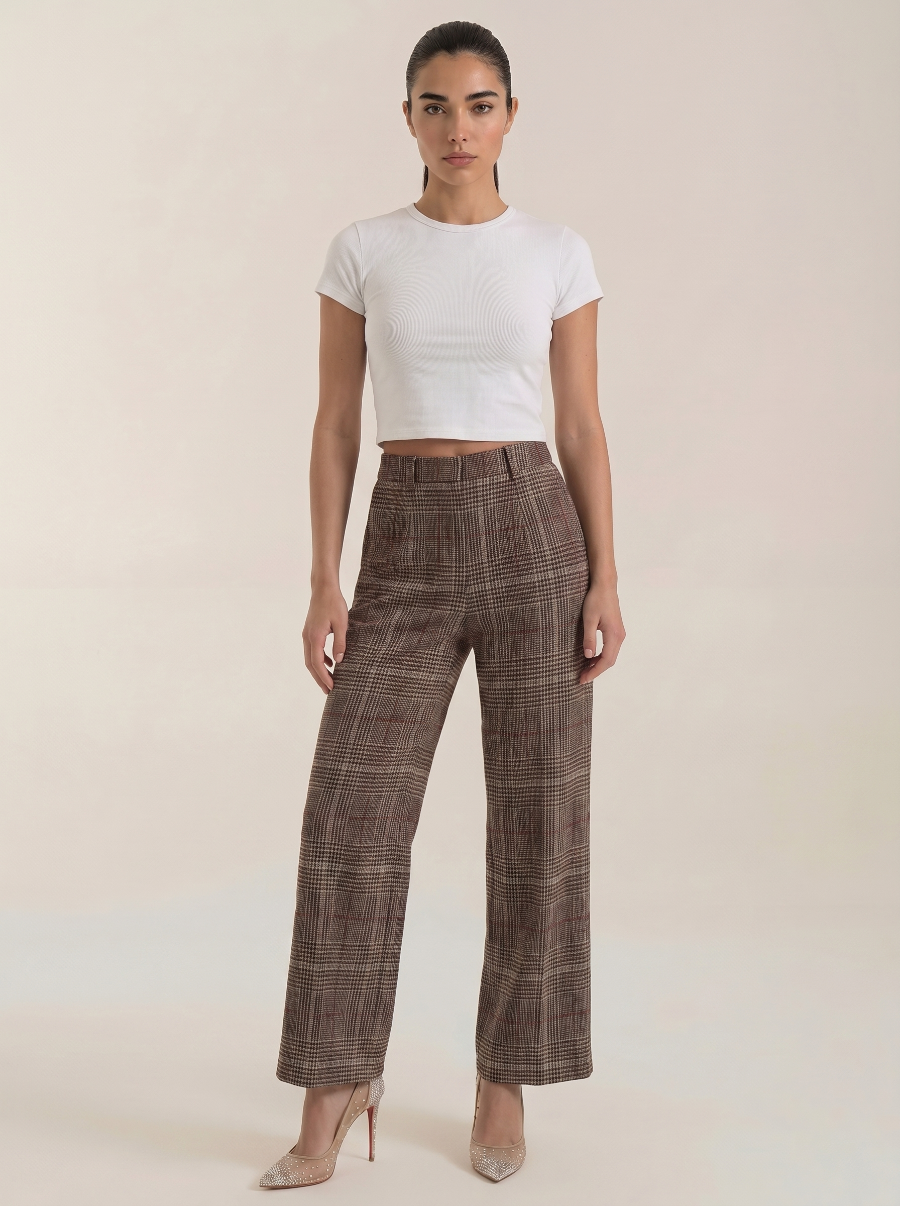 Brown plaid high-waisted trousers, wide-leg with belt loops and front creases