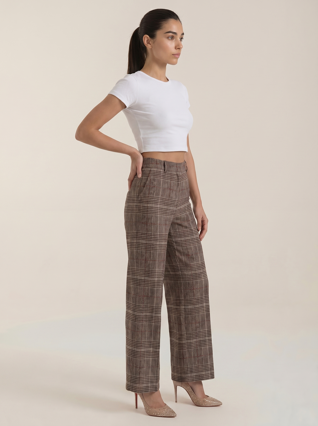 Brown plaid high-waisted wide-leg trousers, side view