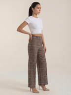 Brown plaid high-waisted wide-leg trousers, side view