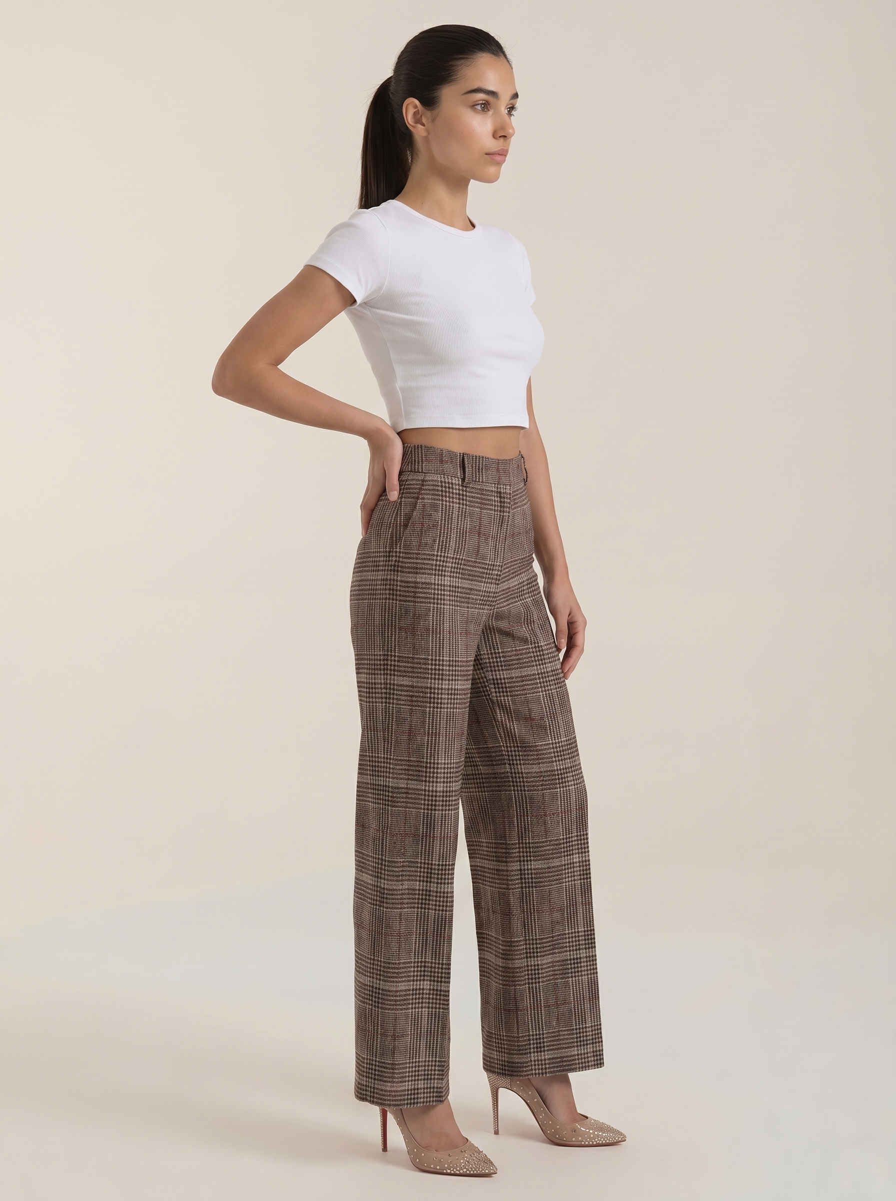 Brown plaid high-waisted wide-leg trousers, side view