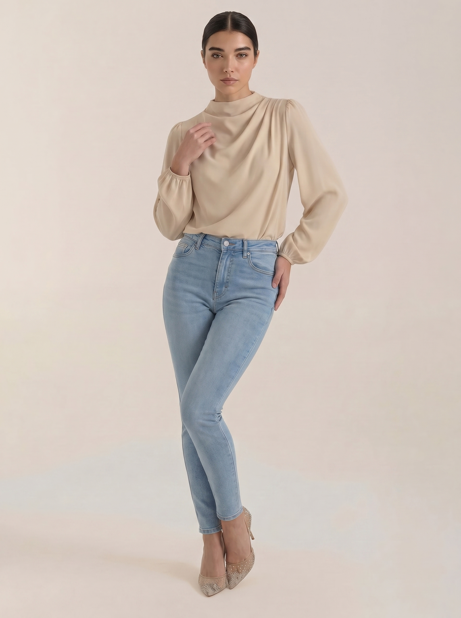 Beige draped long-sleeve blouse with cowl neckline and gathered shoulders